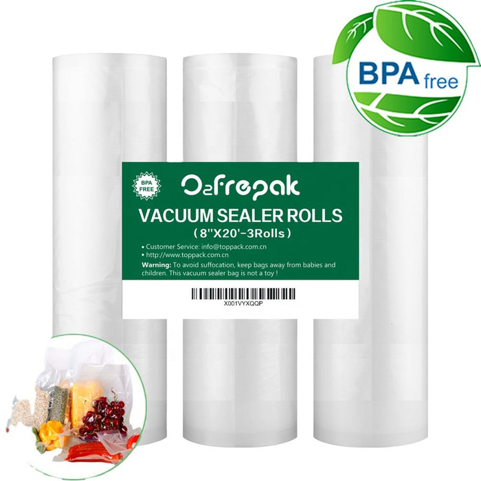 O2frepak 3Rolls 8"x20' Vacuum Sealer Bags Rolls with BPA Free,Heavy Duty Vacuum Sealer Storage Bags Rolls,Cut to Size Roll,Great for Sous Vide